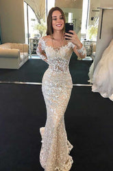 Gorgeous Mermaid Round Neck Long Sleeves Lace Wedding Dresses,Wedding Dresses with Beading